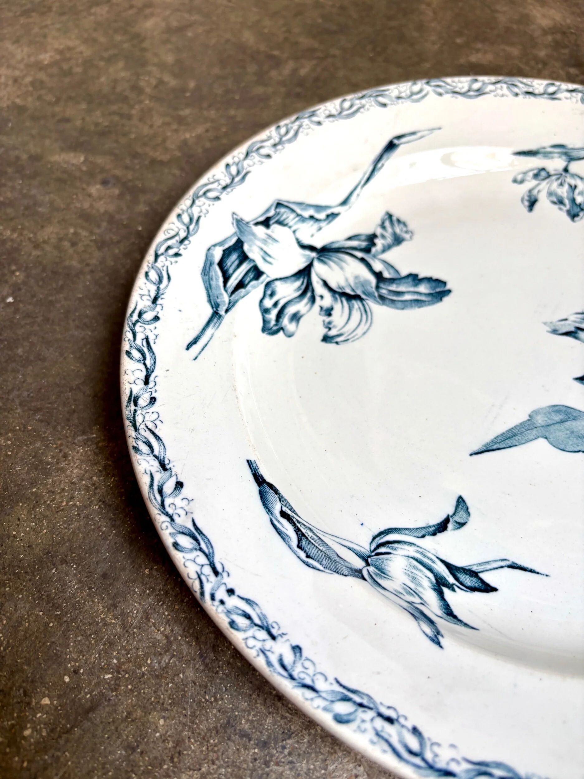 Round flat dish Lunéville in blue ironstone, "Tulip" service.
