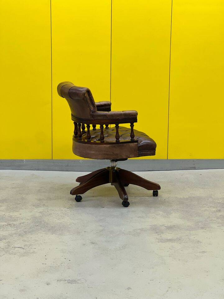 Vintage Chesterfield Revolving Captain's Chair with Brow Leather Upholstery
