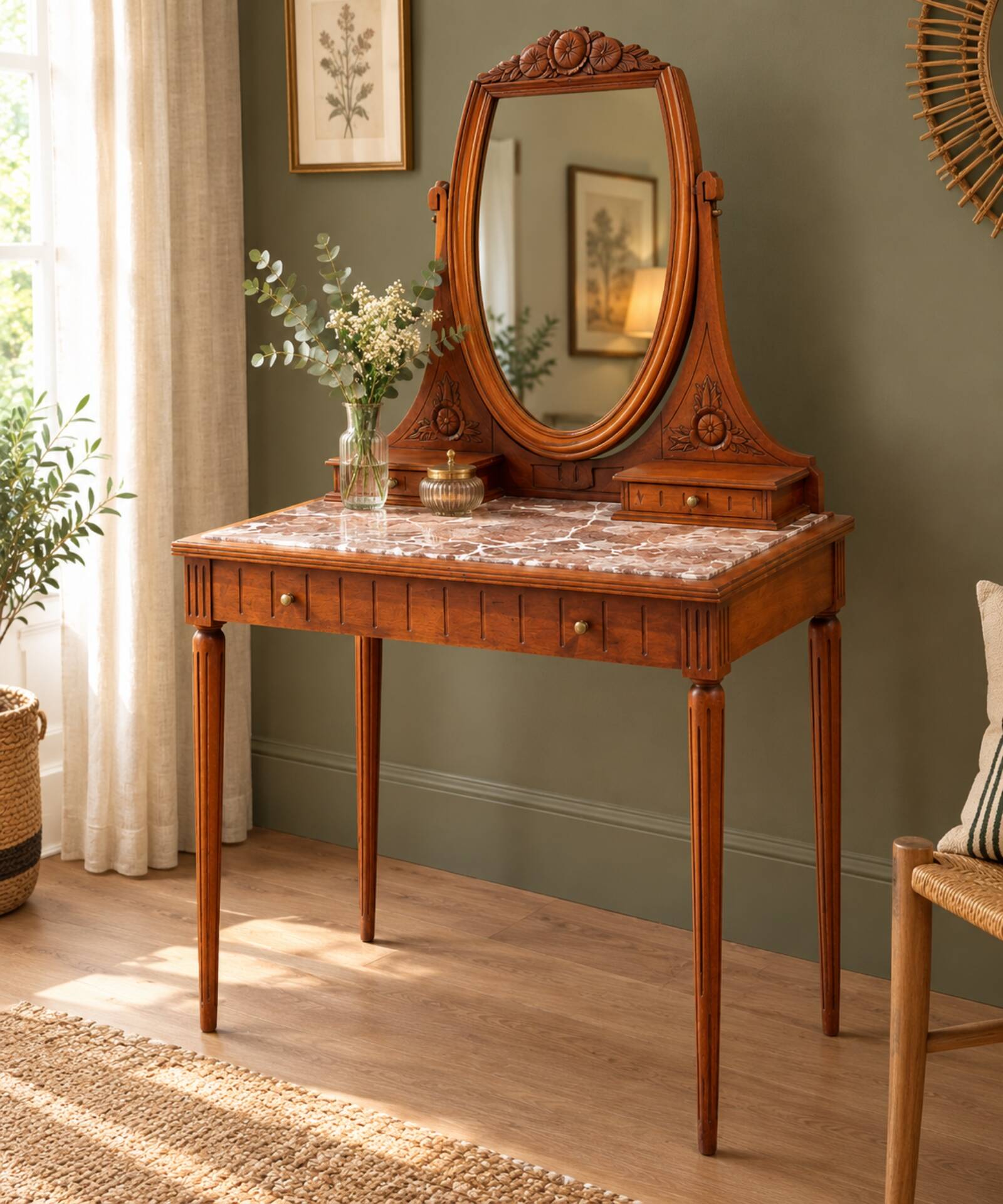 Art Deco dressing table in oak and red marble, 1920s-30s.