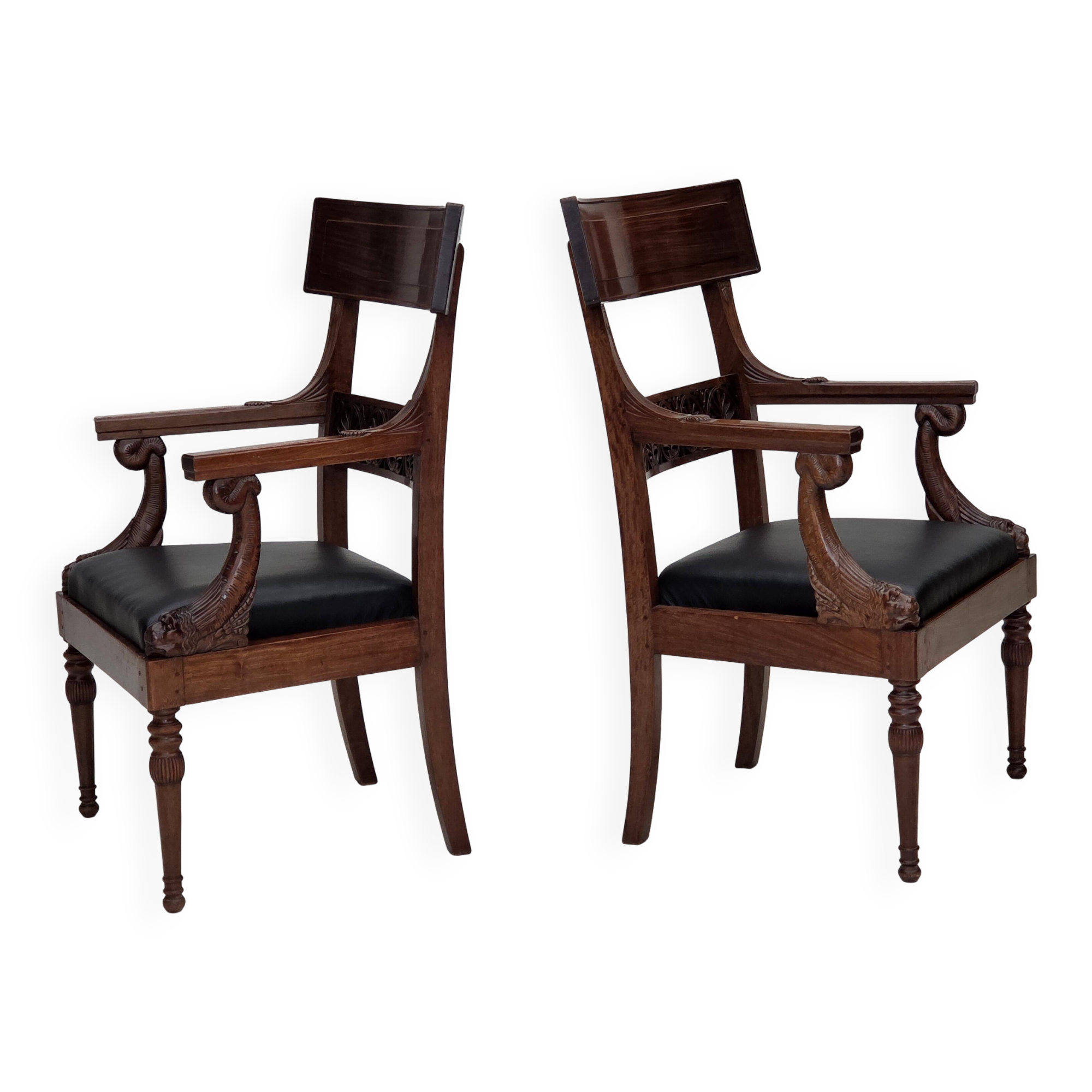 1920-30s, set of 2 armchairs, design after Georges Jacob, carved teak wood.