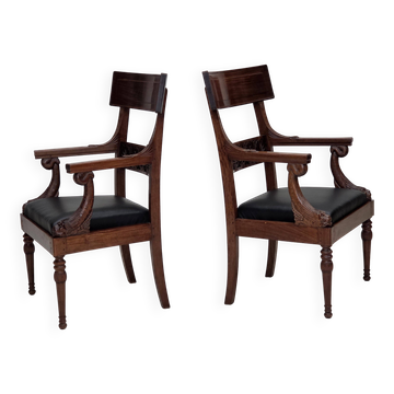 1920-30s, set of 2 armchairs, design after Georges Jacob, carved teak wood.