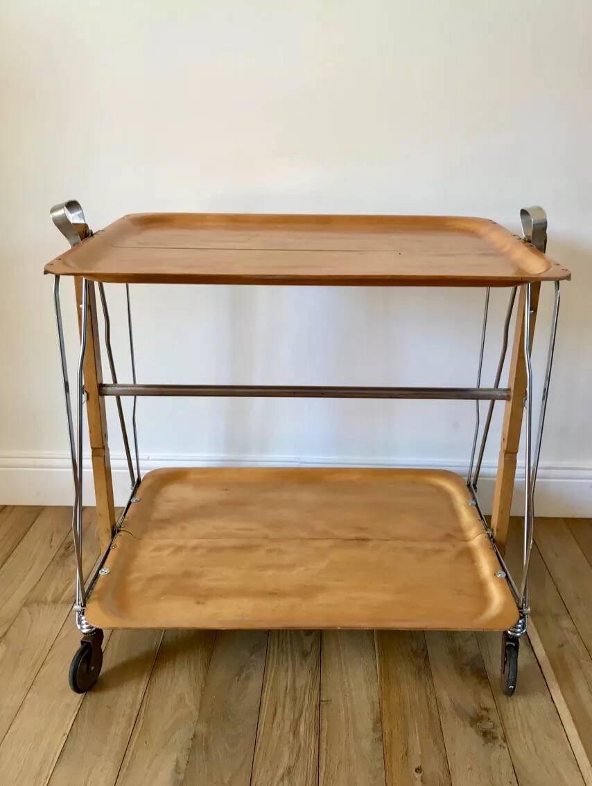 Metal trolley in beech wood and metal upright from the 60s