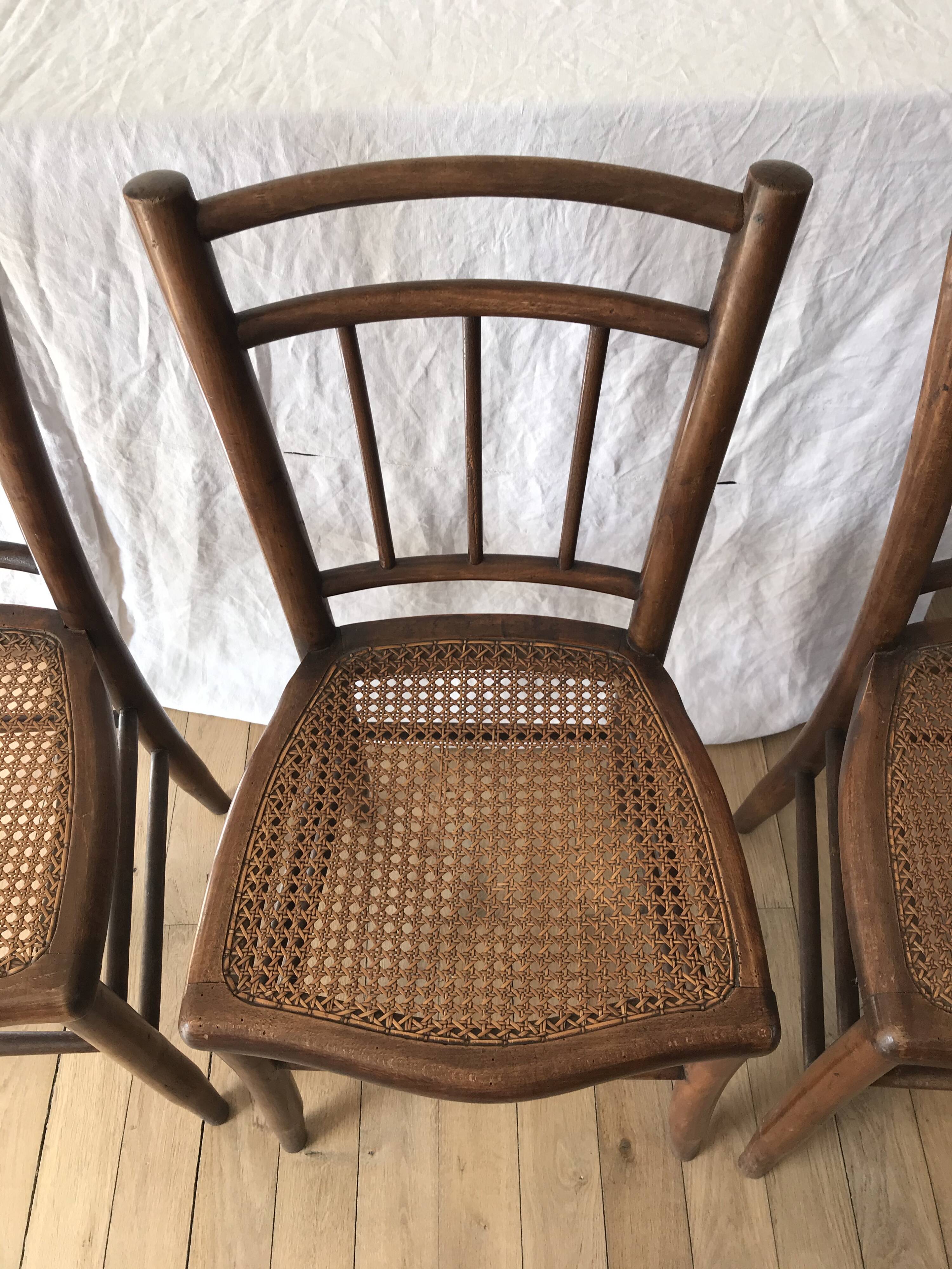 set of 4 bistro chairs in turned wood and canework stamped early 20th century