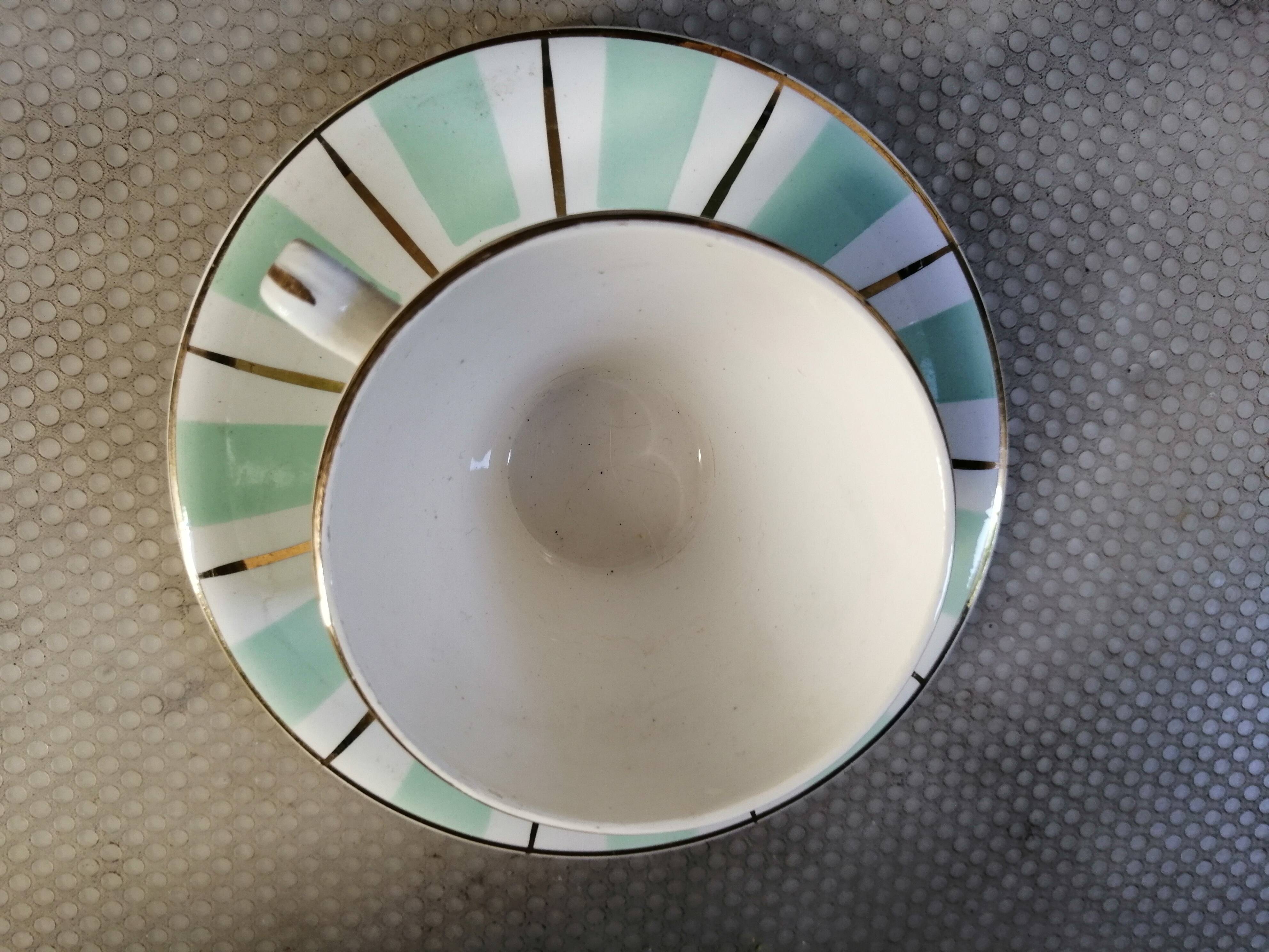 Digoin cup and saucer in green-striped Sarguemines