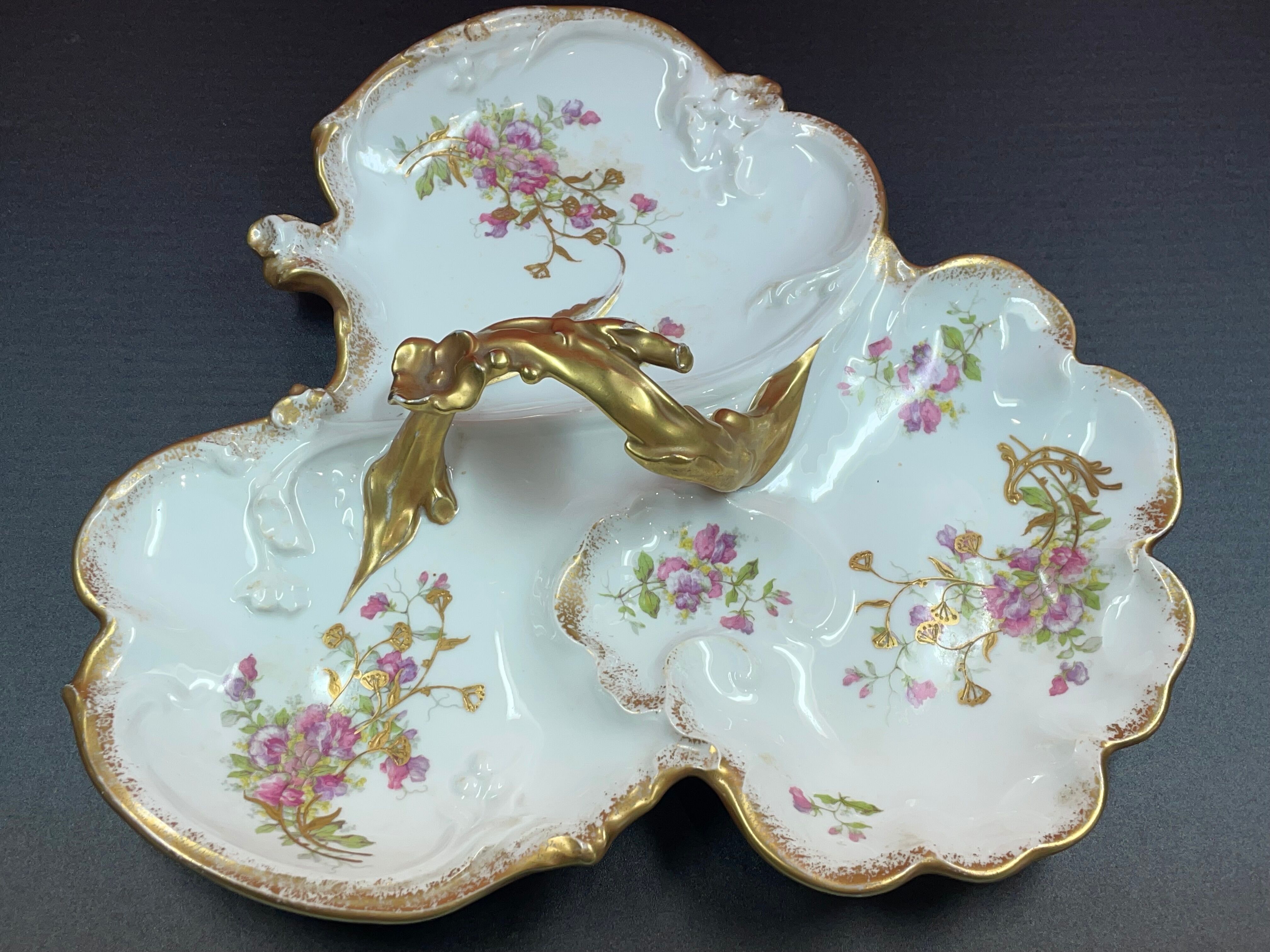 Servant appetizer sweets Limoges Gold and Flowers