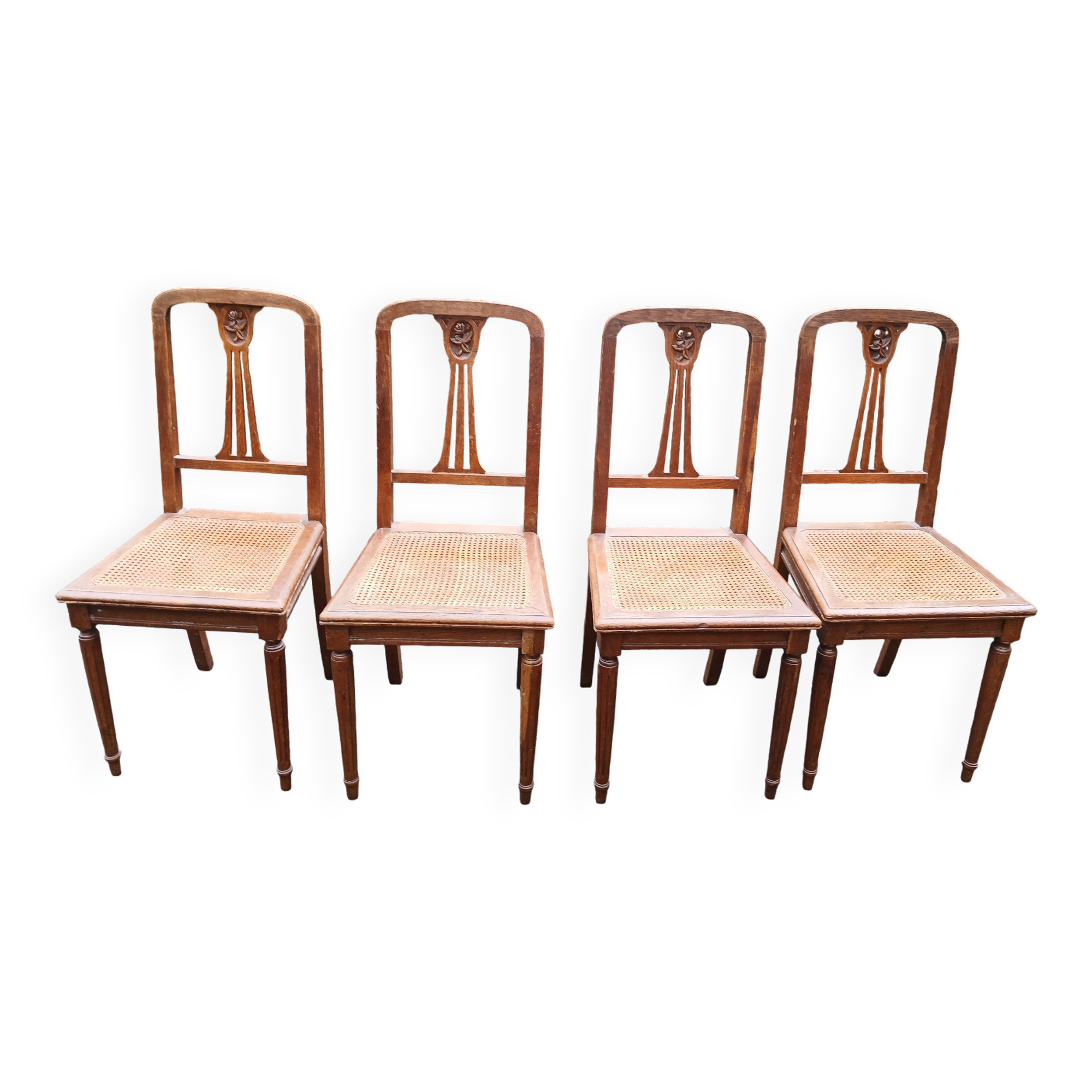 4 old wooden cane chairs
