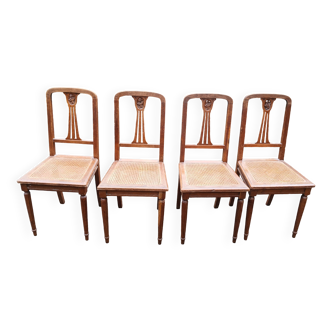 4 old wooden cane chairs