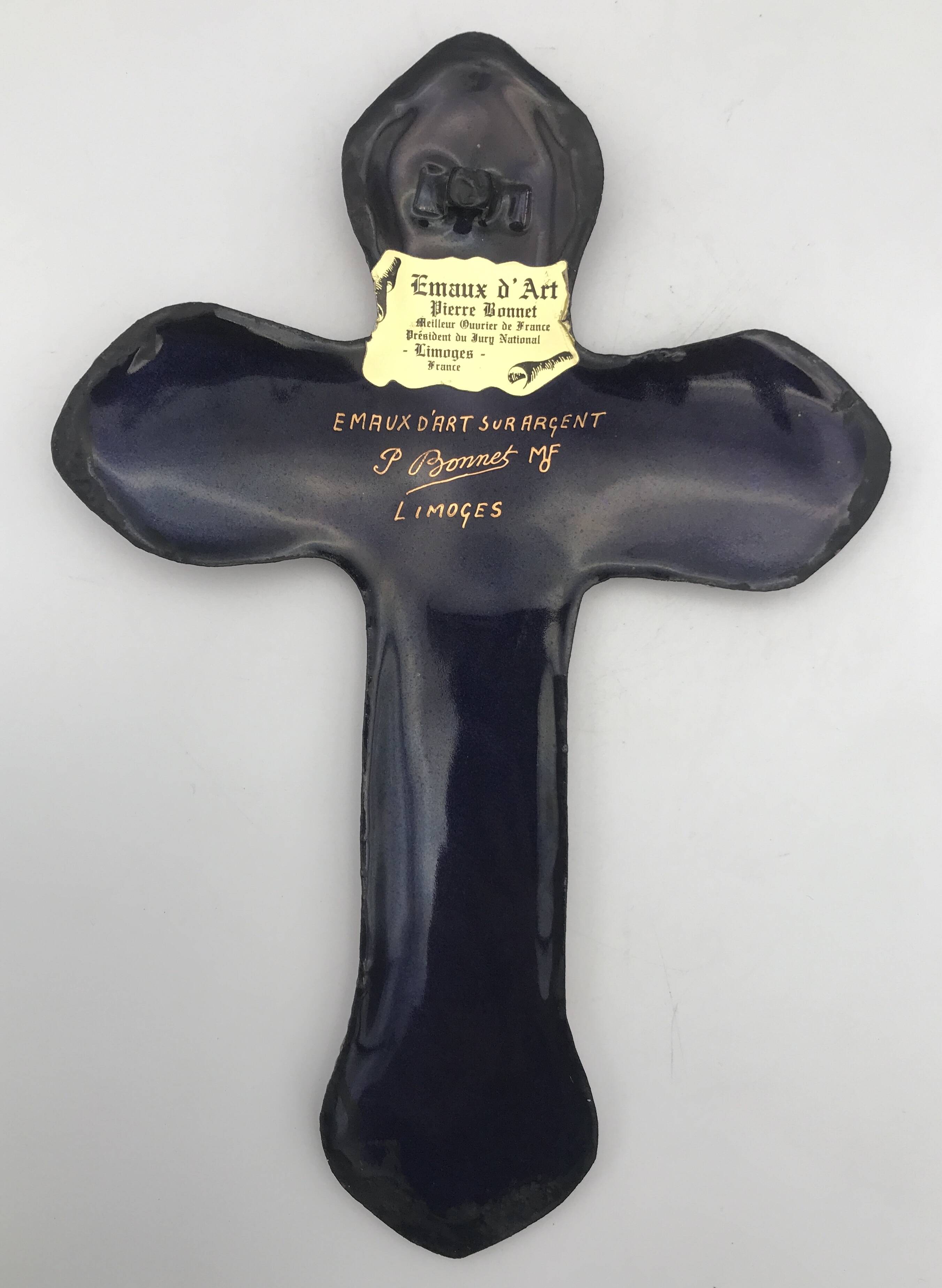 Religious wall cross in artistic enamel on silver signed P.BONNET, Limoges