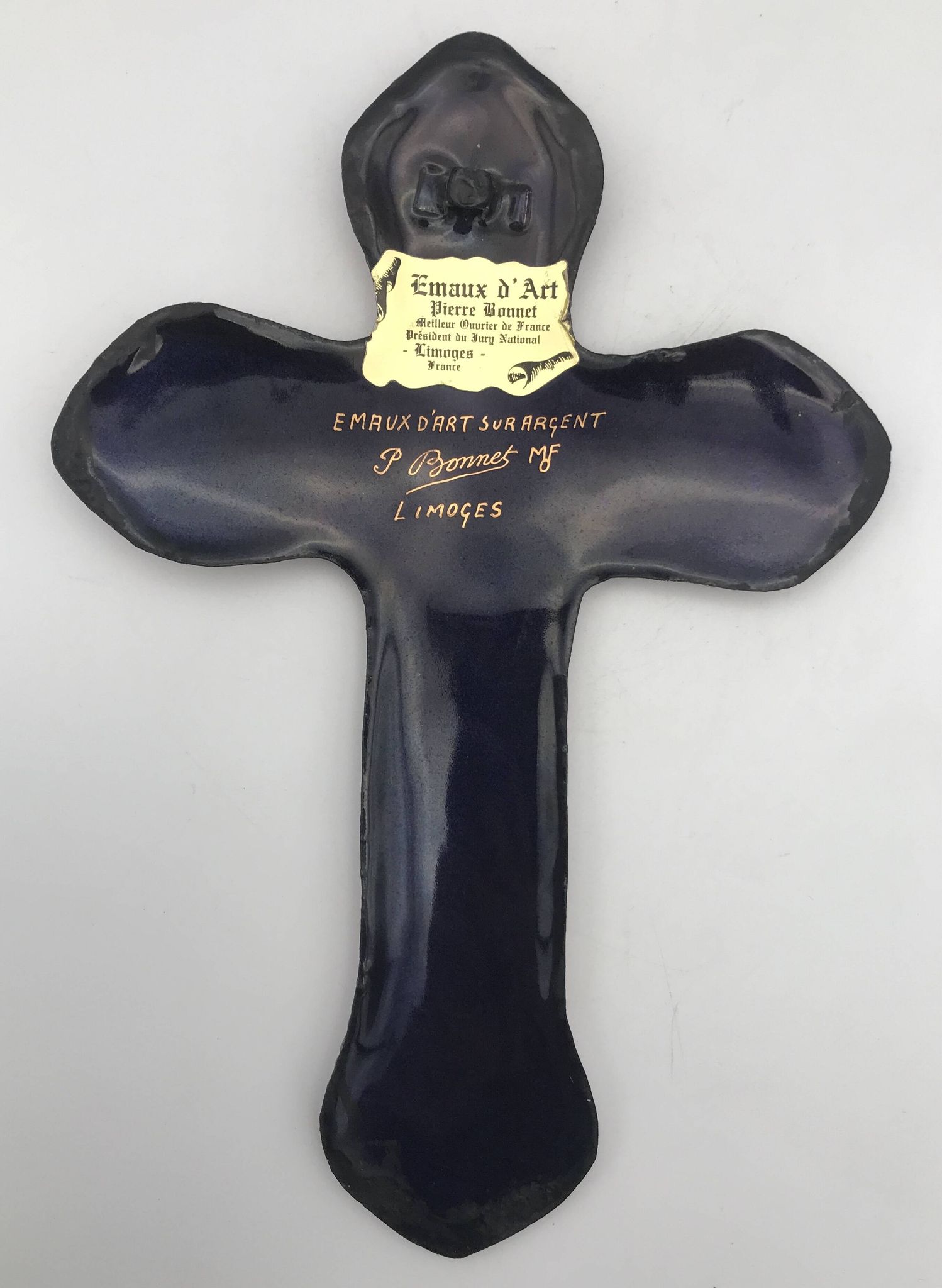 CROIX religieuse murale en émaux d’art sur argent signé P.BONNET, Limoges