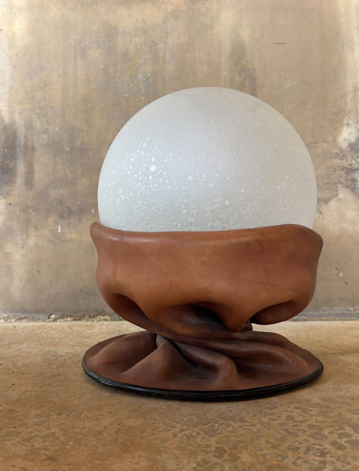Rare Nova Tecno table lamp in leather and frosted glass, Italy, 1970s