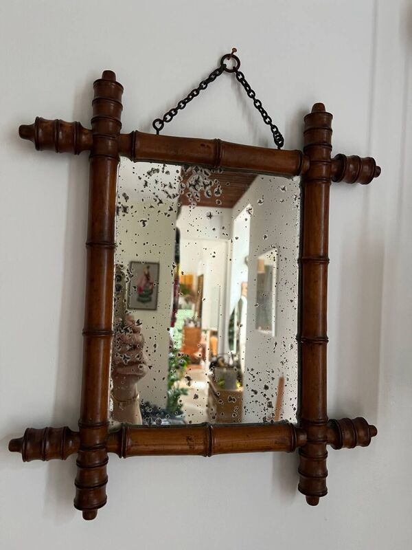 Petit miroir ancien bois tourné effet bambou