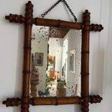 Petit miroir ancien bois tourné effet bambou