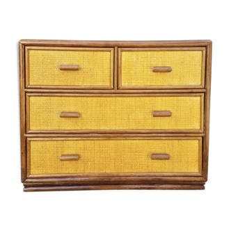Vintage chest of drawers, bamboo and rattan, Maugrion, 80s