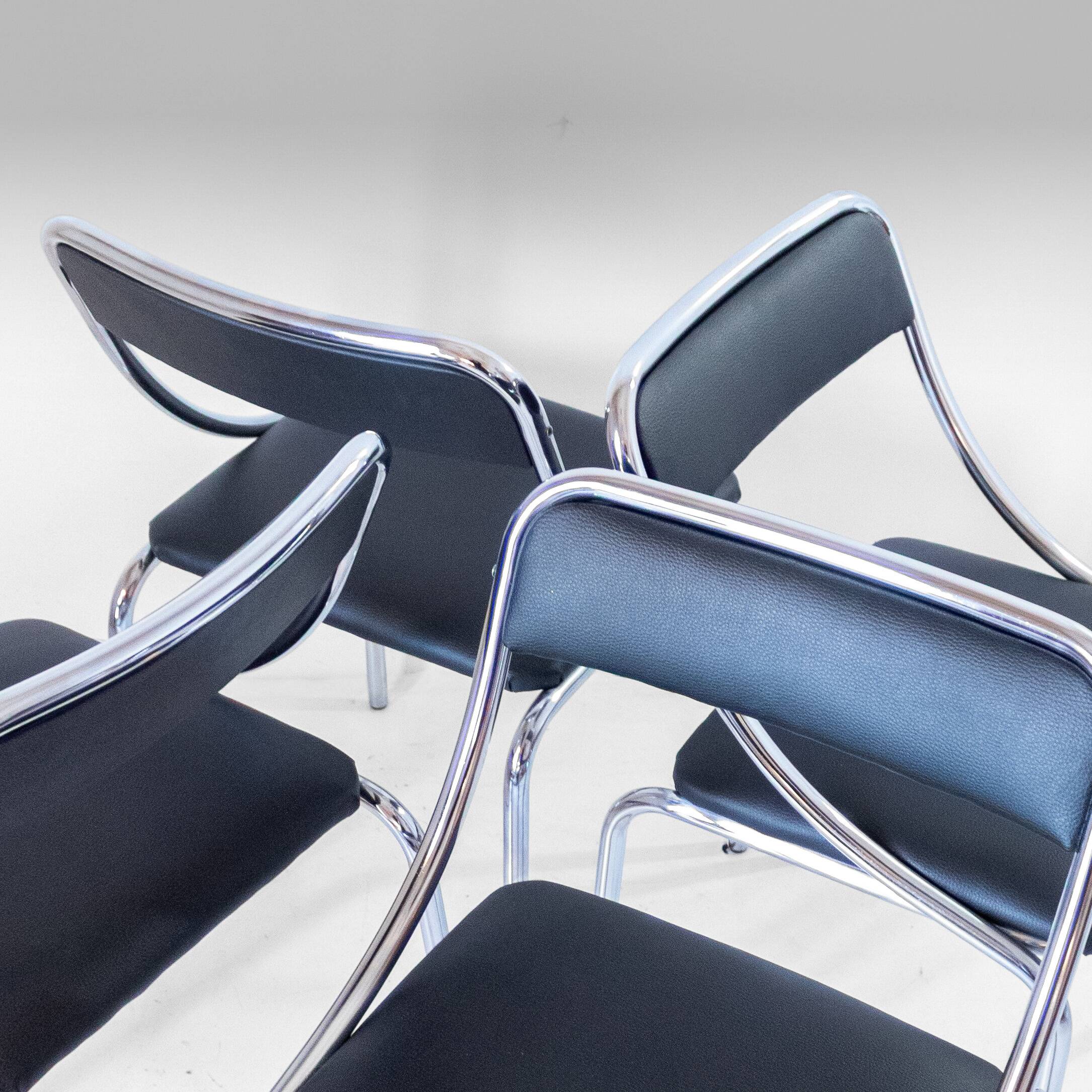 Set of Four Vintage Chromed Dining Chairs, Faux Leather, Italy, 1970