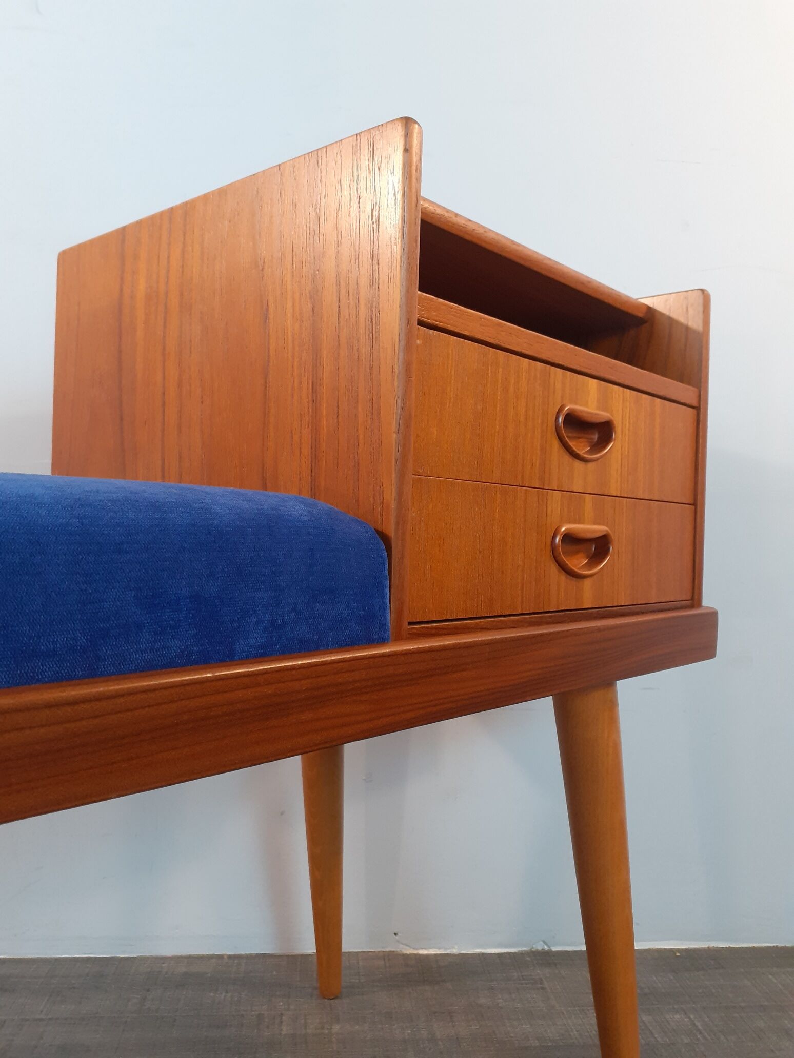 Bench Norwegian Phone Teak and blue fabric, Vintage Scandinavian 1970s
