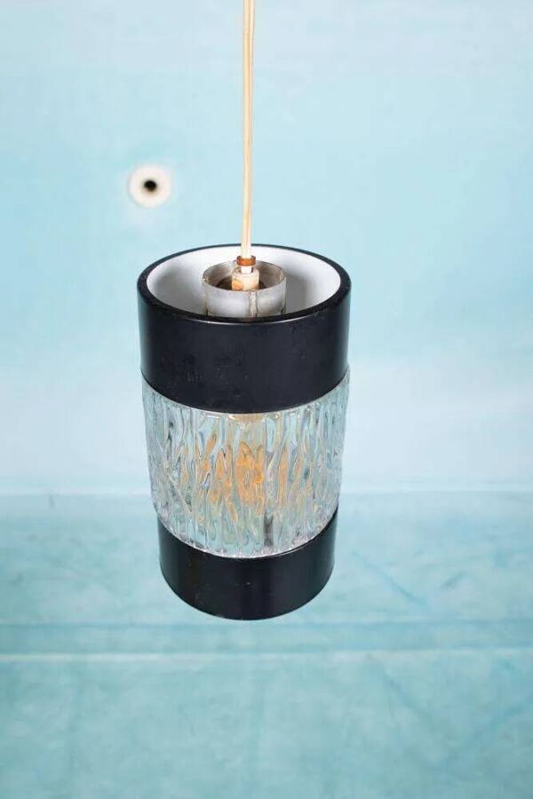 Suspension vintage en verre des années 60, lampe Japandi en verre côtelé