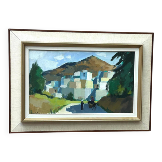 Original Mid Century Swedish Oil On Canvas – “Bergsby, Crete” By Stig Wernheden – Vintage & Framed