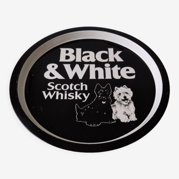 Round black and white vintage scotch whiskey bar tray