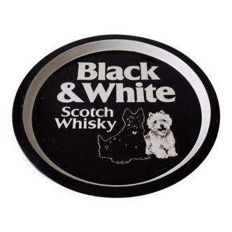 Round black and white vintage scotch whiskey bar tray