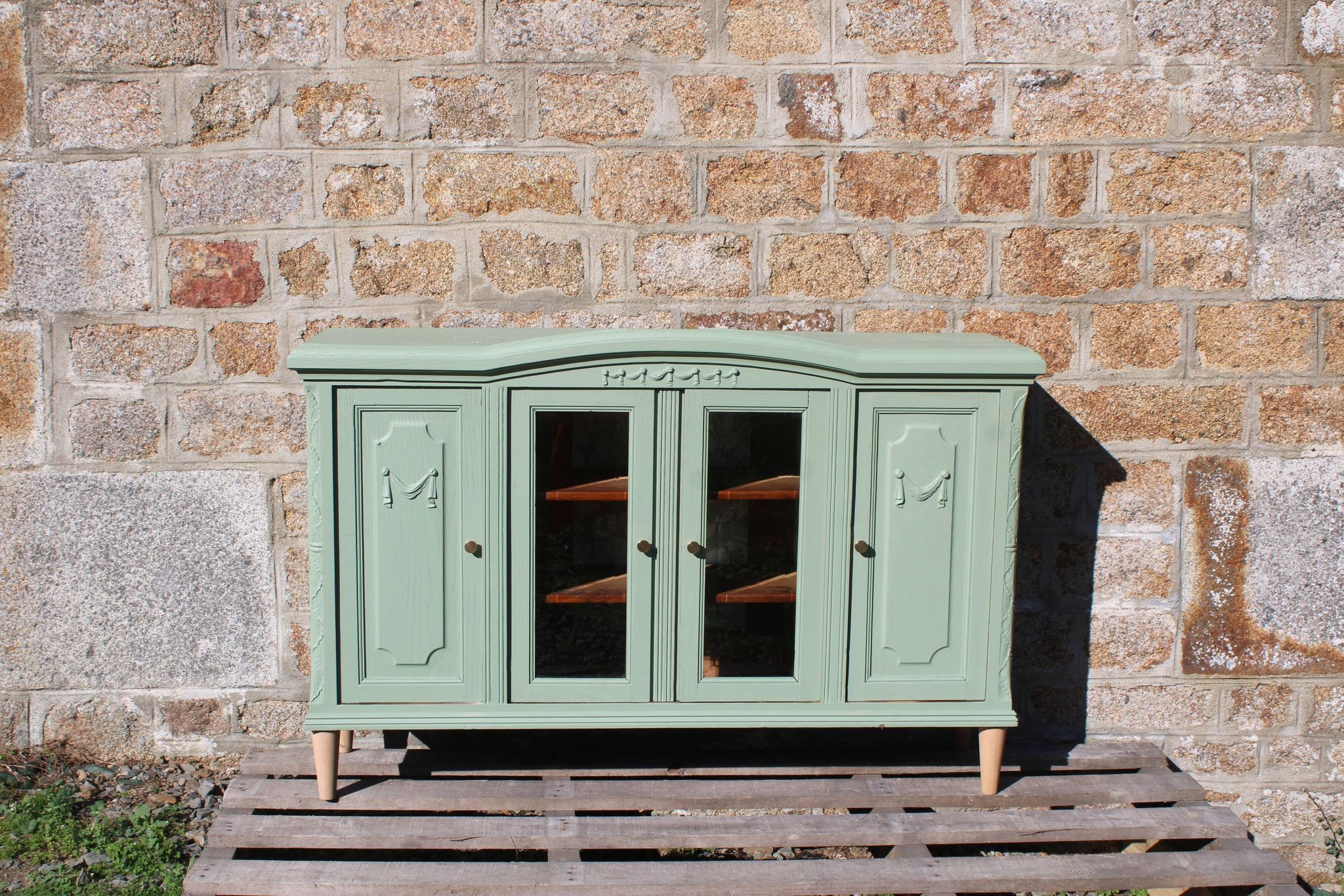 Renovated vintage sage green enfilade – wooden legs & bevelled display cabinets