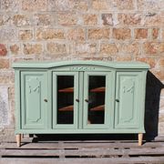 Renovated vintage sage green enfilade – wooden legs & bevelled display cabinets