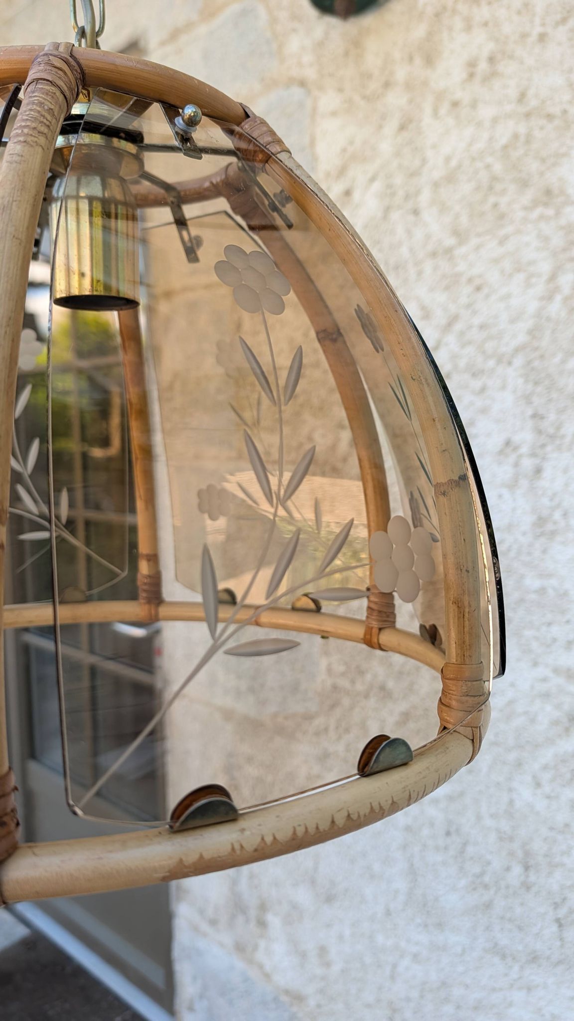 Vintage rattan and smoked glass pendant – 1970s