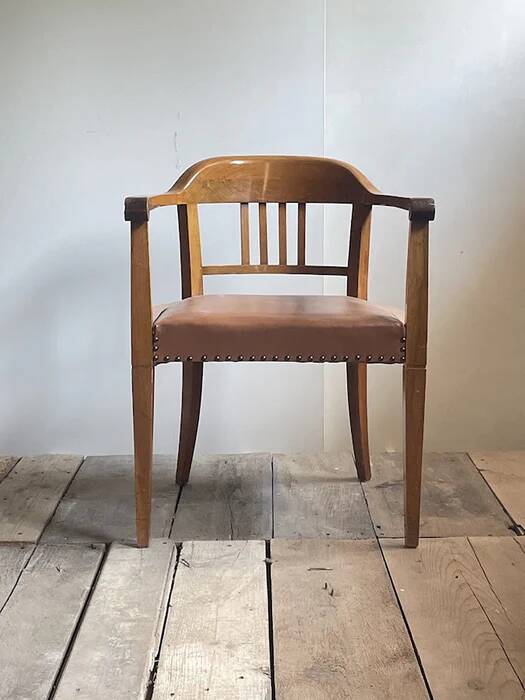 Swiss Art Deco Wood Armchair with Brown Leather Seat, 1930s