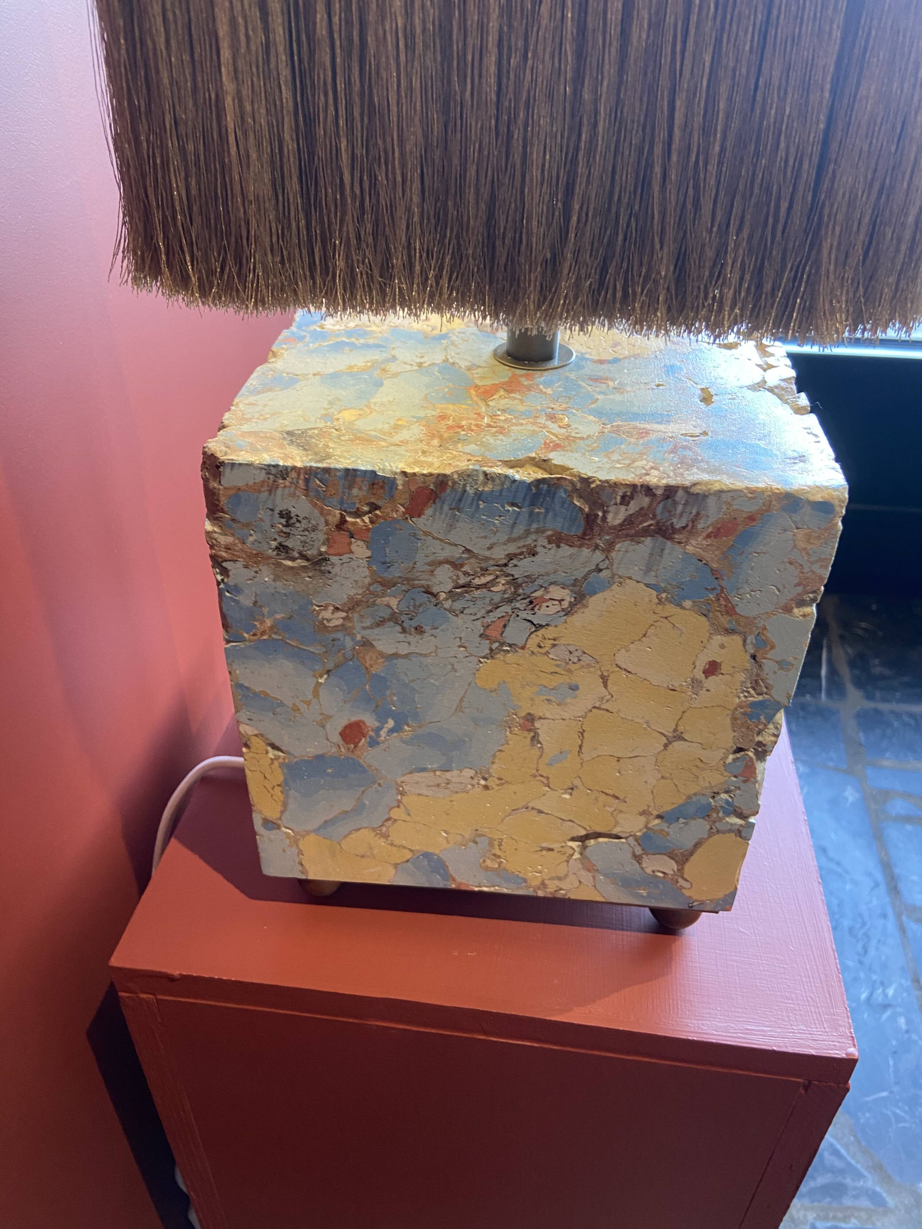 Base stuck blue beige marble-plaster, fringed lampshade Houles, 21st century.