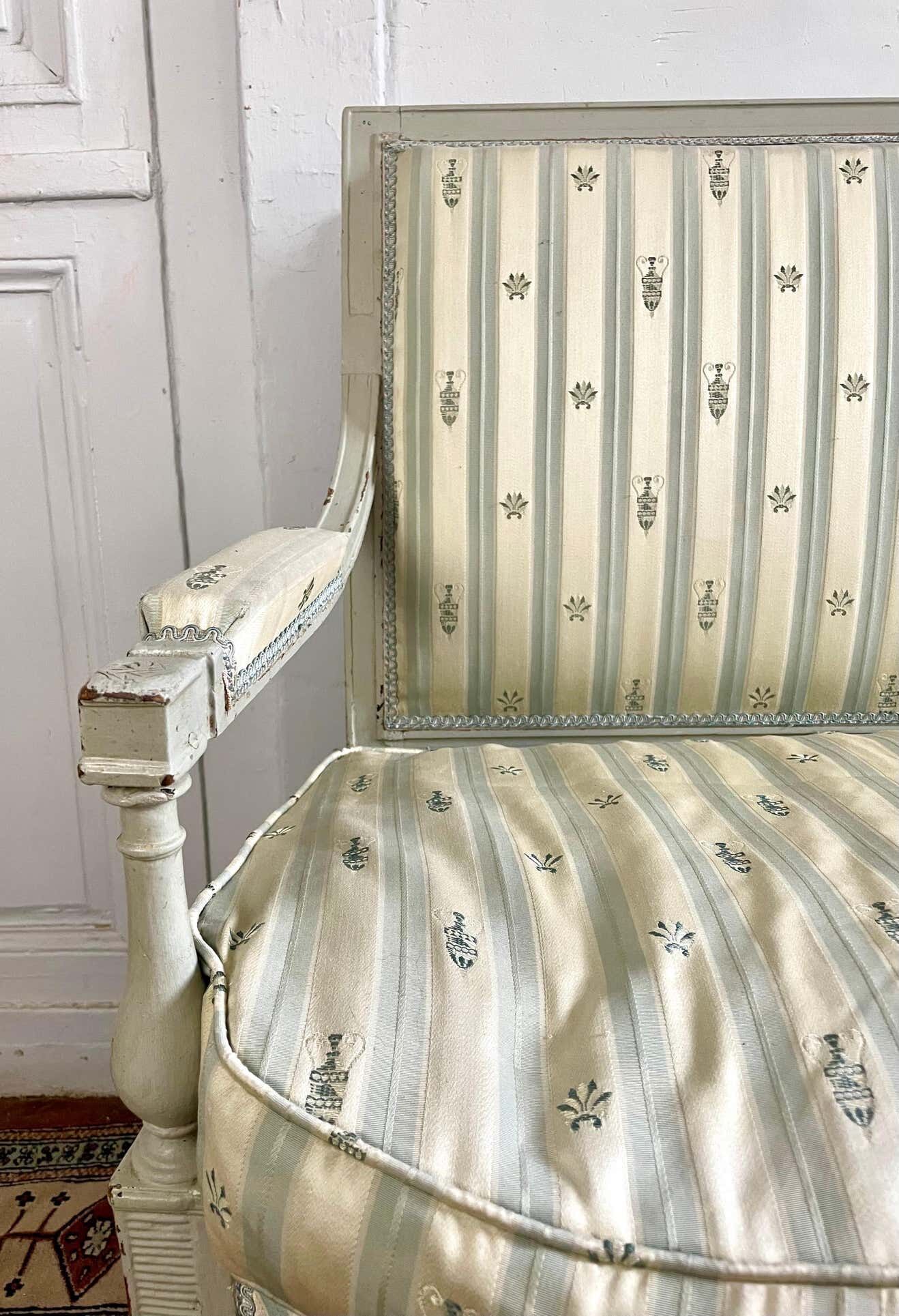Directoire French silk sofa bench with blue, grey and white 18th century patterns