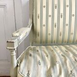 Directoire French silk sofa bench with blue, grey and white 18th century patterns