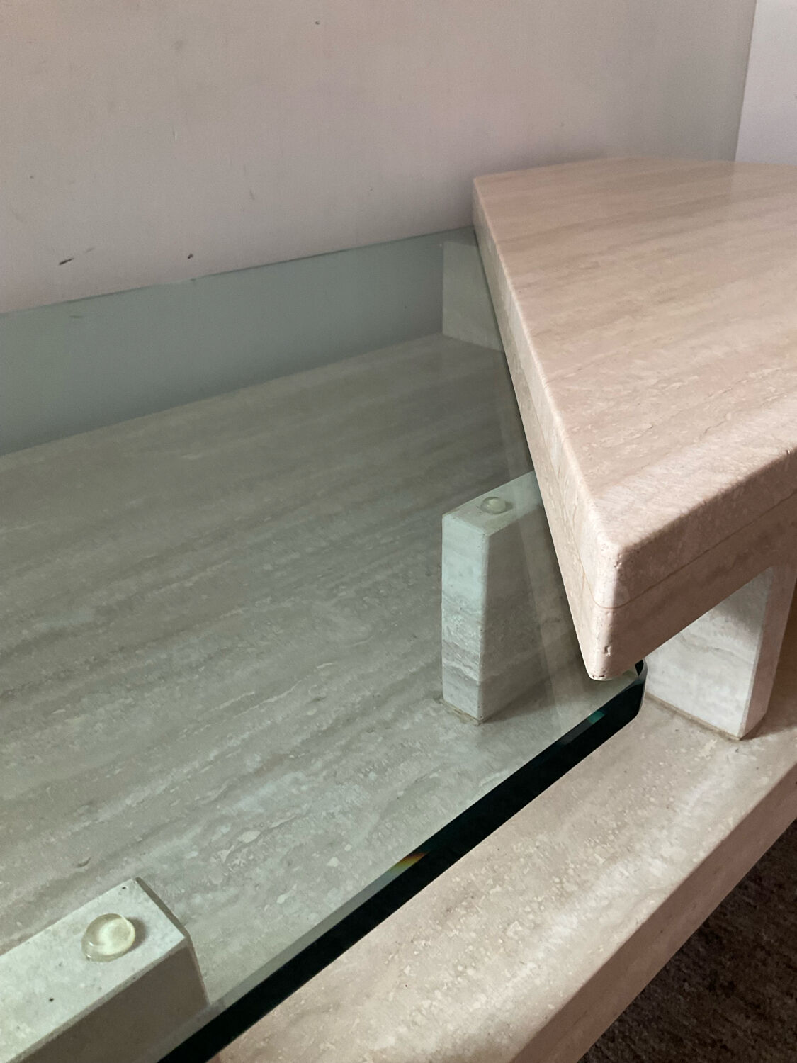 Vintage travertine and glass coffee table