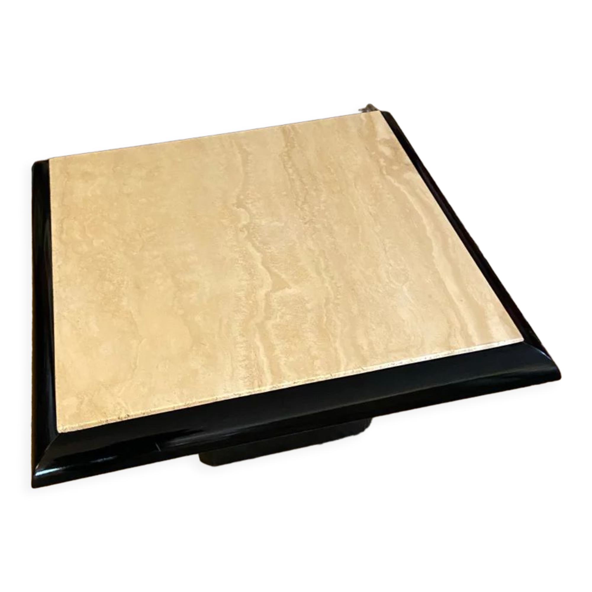 Coffee table in lacquered wood and vintage travertine