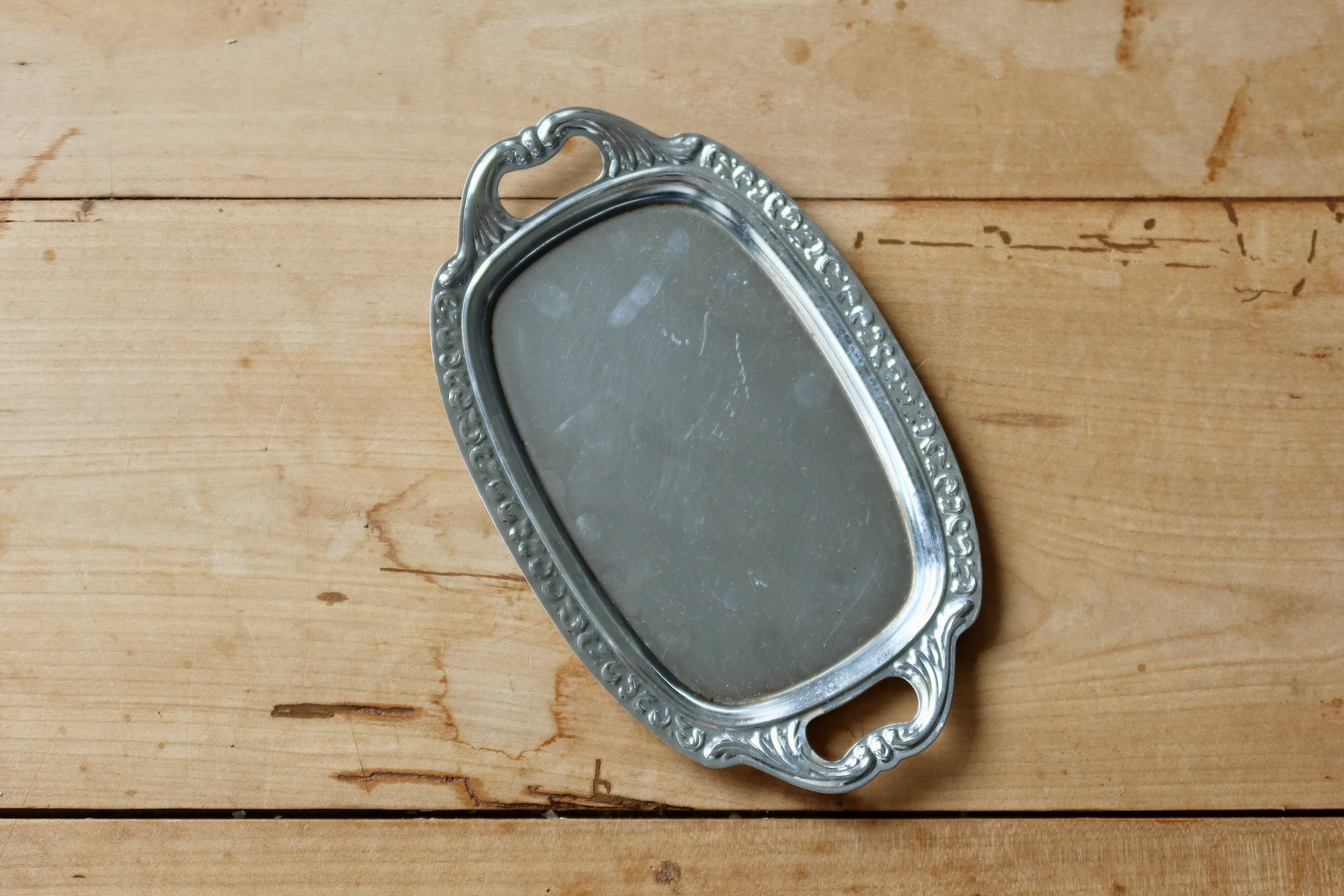 Mini vintage silver metal tray with floral border