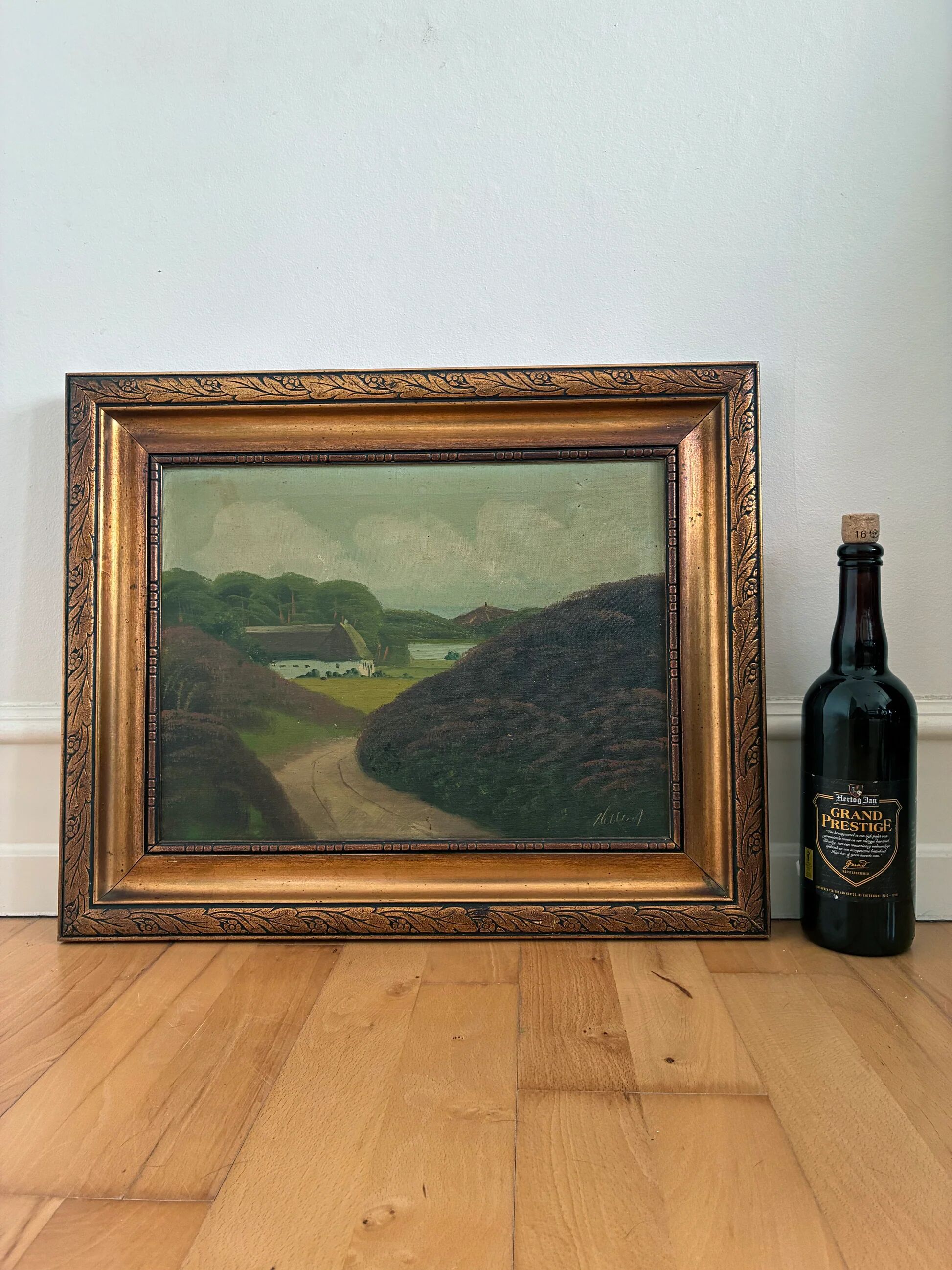 Vintage original landscape oil painting, signed countryside cottage art