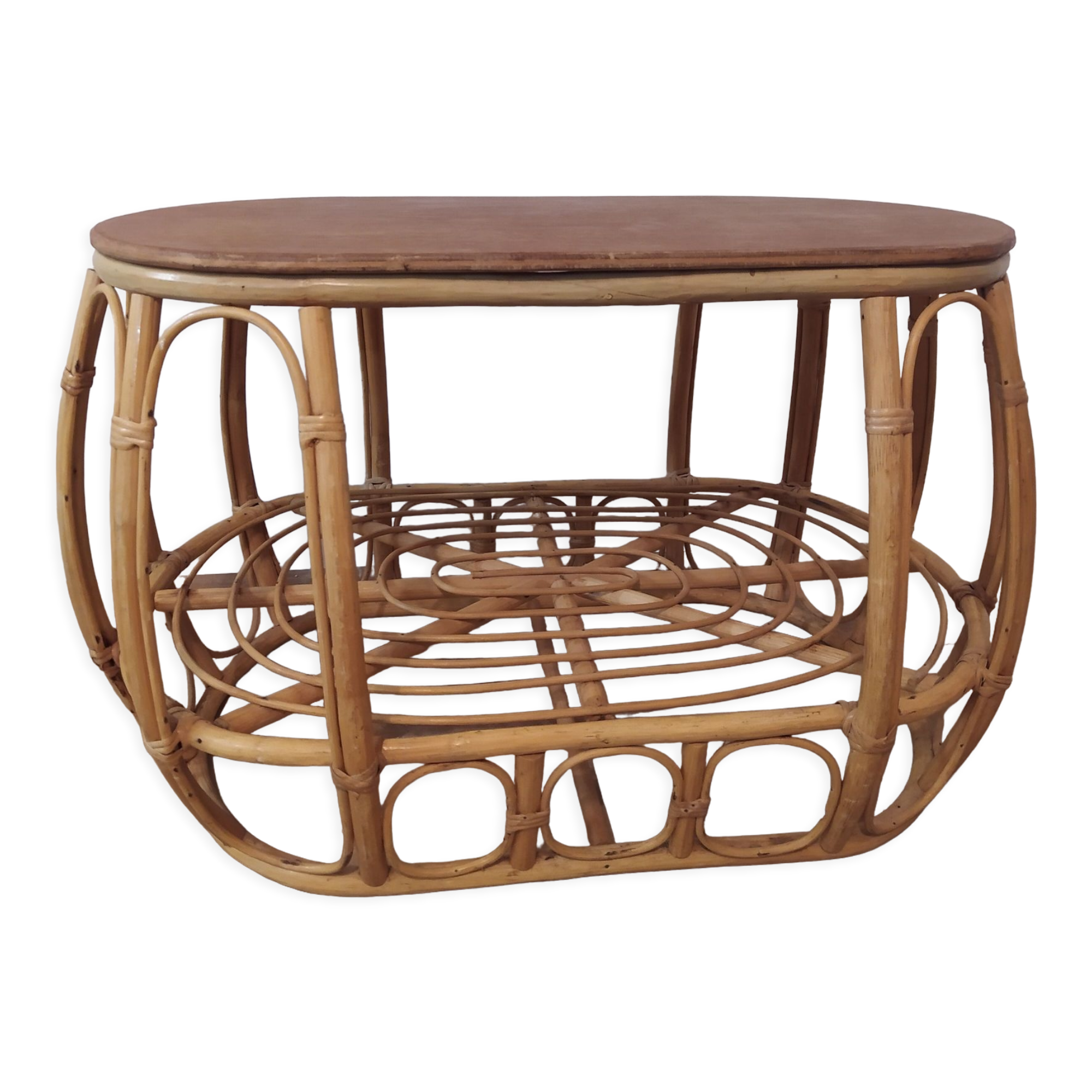 Vintage rattan wicker oval coffee table