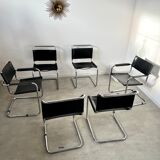 Set of 6 design chairs Matteo Grassi tubular metal and black leather year 70/80 Bauhaus style