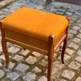 Tabouret de piano Louis XV bois massif chêne et tissu orange