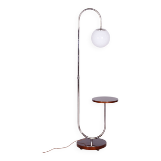 Restored Bauhaus Floor Lamp, High Gloss, Walnut, Chrome, Czechia, 1930s