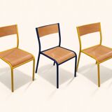 Vintage school chair trio – Coloured metal structure in yellow & blue