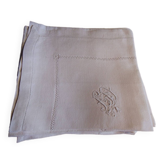 12 Large old napkins, linen damask - openwork edge - Monogram - New condition