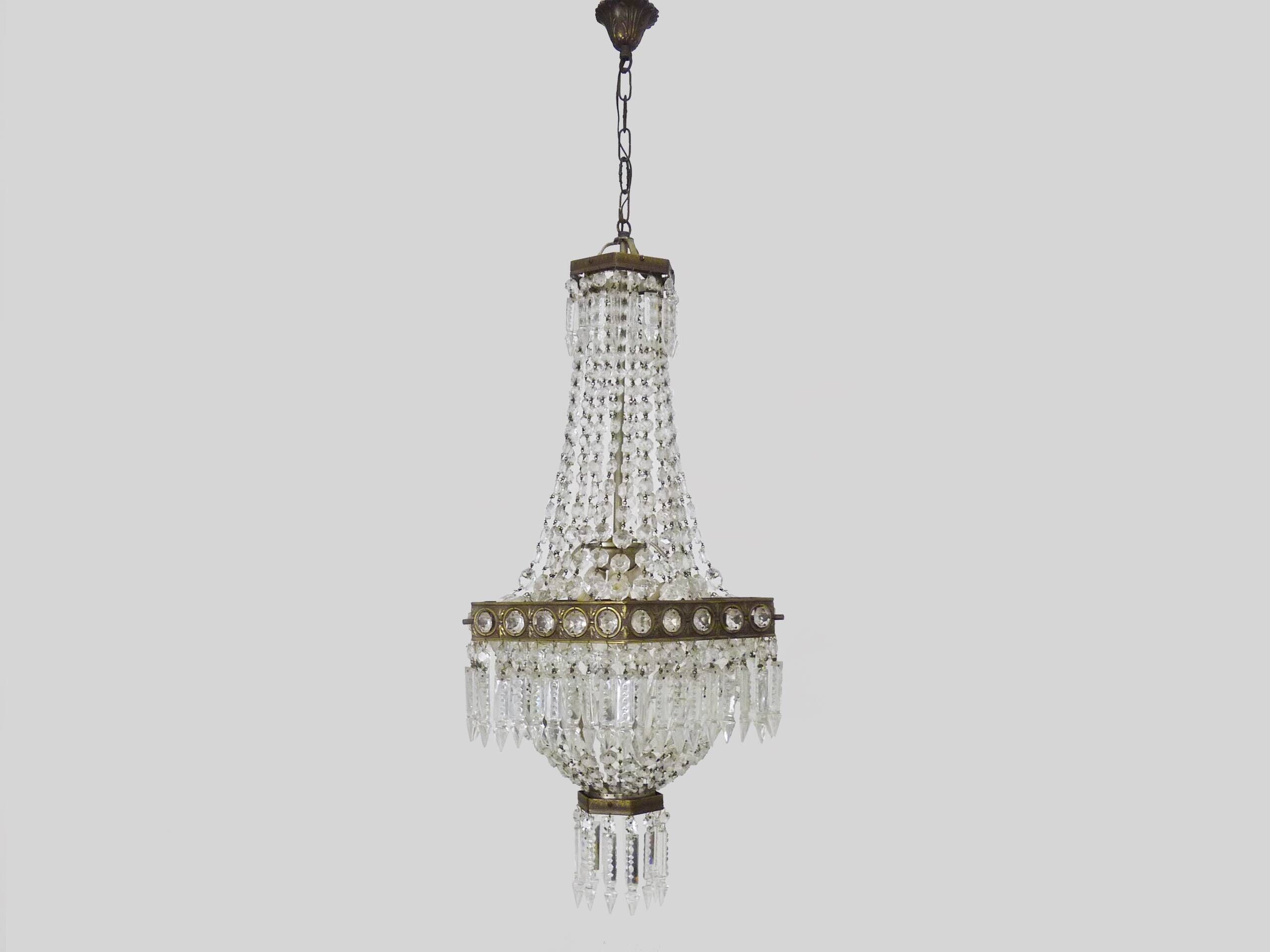 Old large 3-light hot air balloon chandelier in bronze, glass pendants.