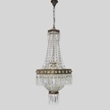 Old large 3-light hot air balloon chandelier in bronze, glass pendants.