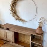 Antique TV cabinet in solid raw oak and canework