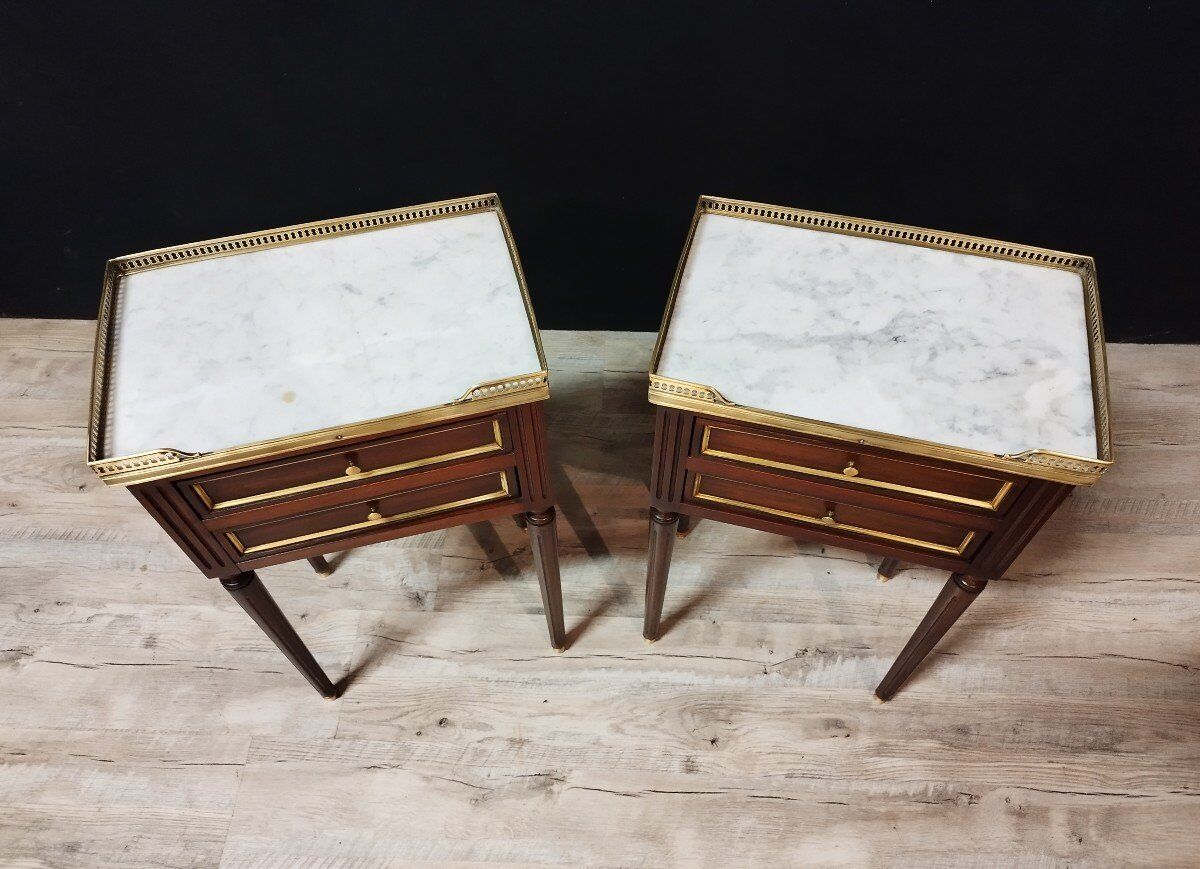 Pair of Louis XVI style bedside tables in mahogany