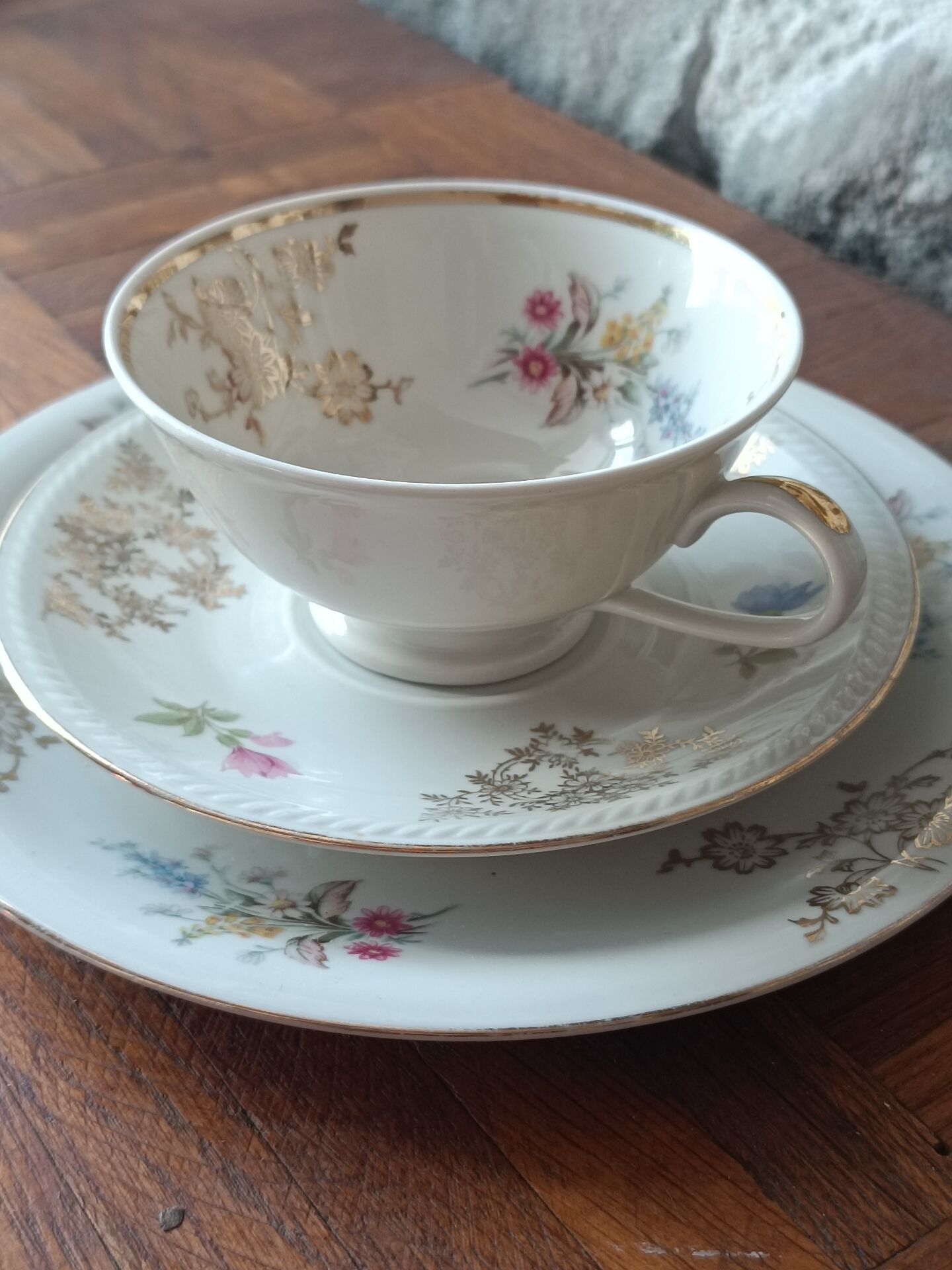 Antique porcelain trio Bavaria – cup, saucer, plate – flowers & do
