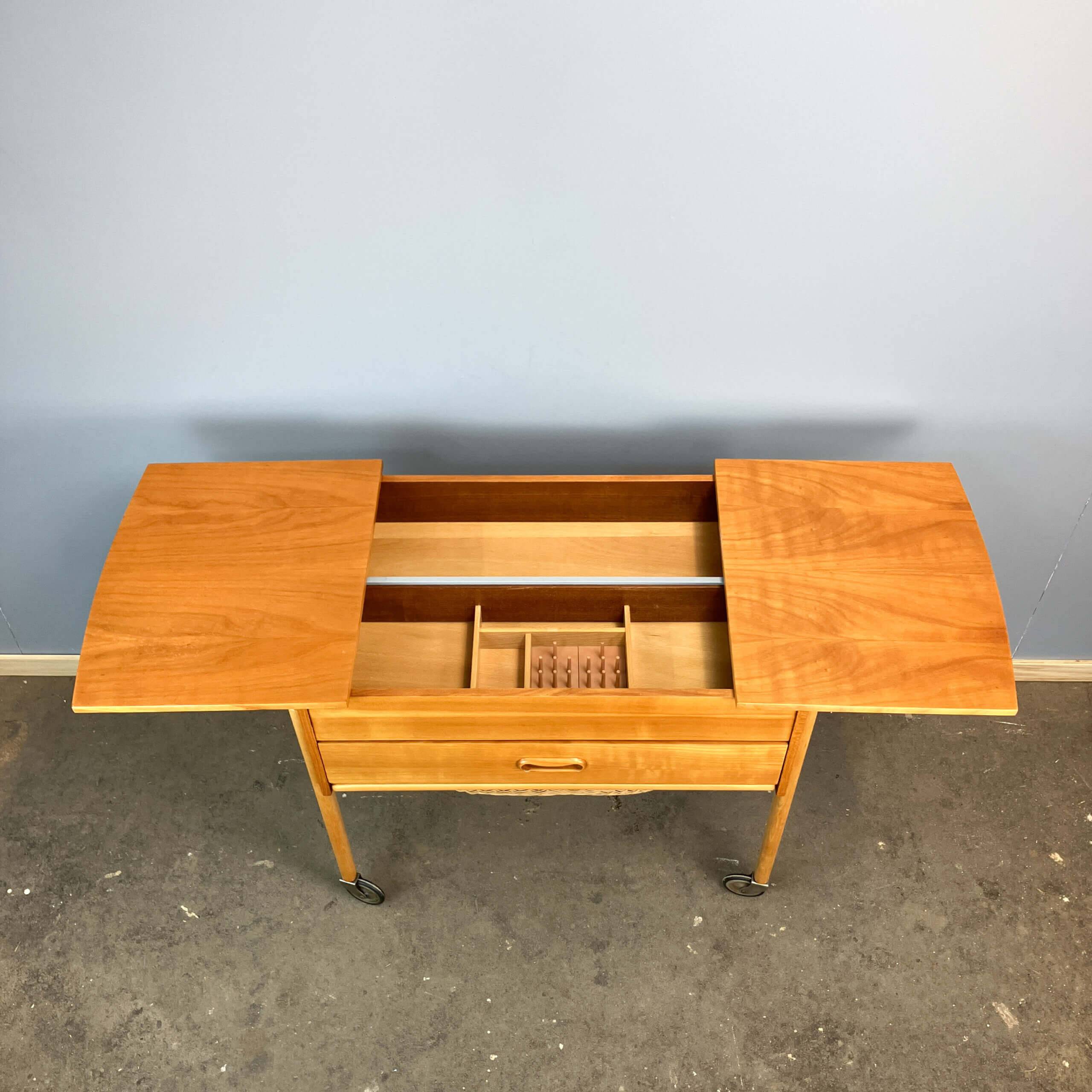 Wheeled sewing box, pear wood, beech, wicker, 1960s