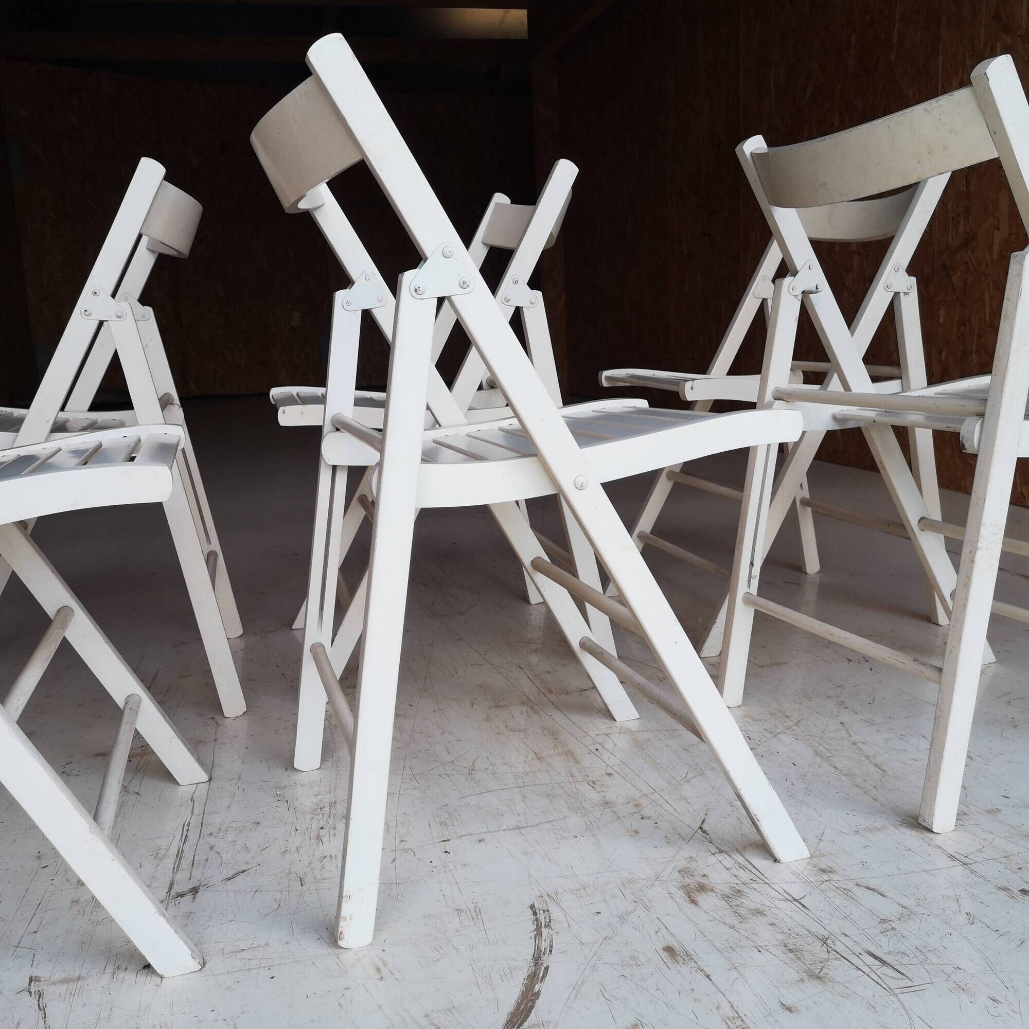 Set of 6 White Wooden Folding Chairs Vintage Scandinavian Style 1980s