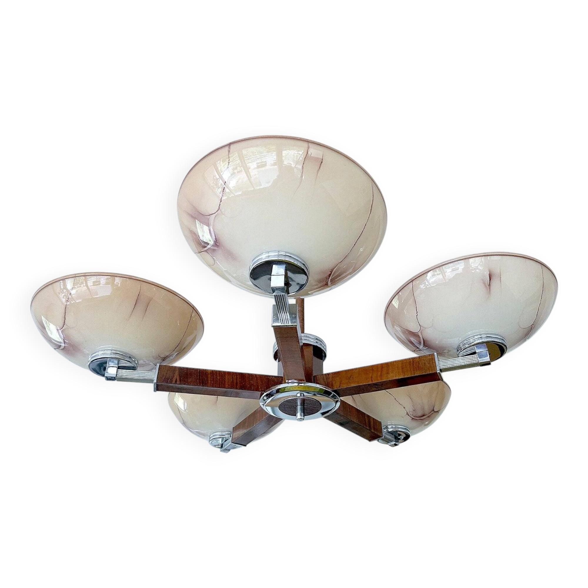 Large Art Deco pendant light in wood and glass, 1930s