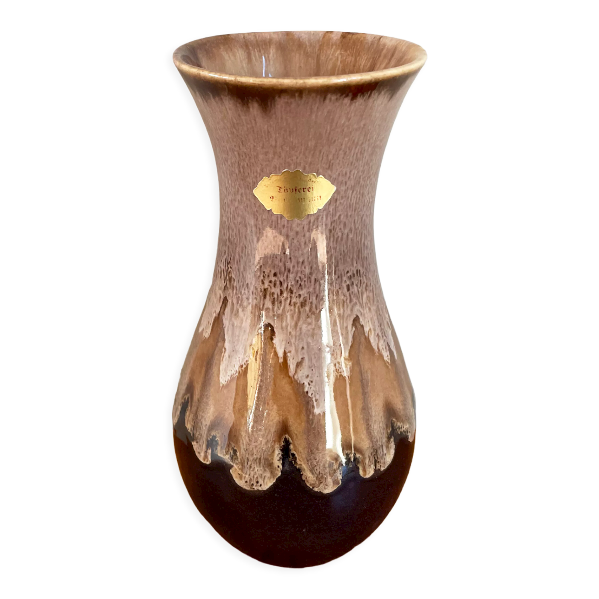 Brown German Fat Lava Style Vase with Drip Glaze, Töpferei Zimmermann