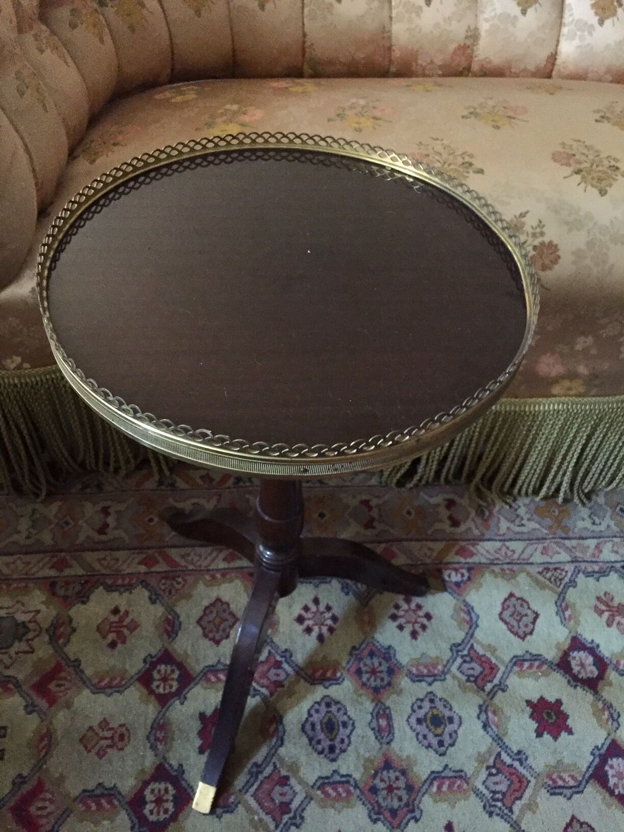 Cherry and brass pedestal side table